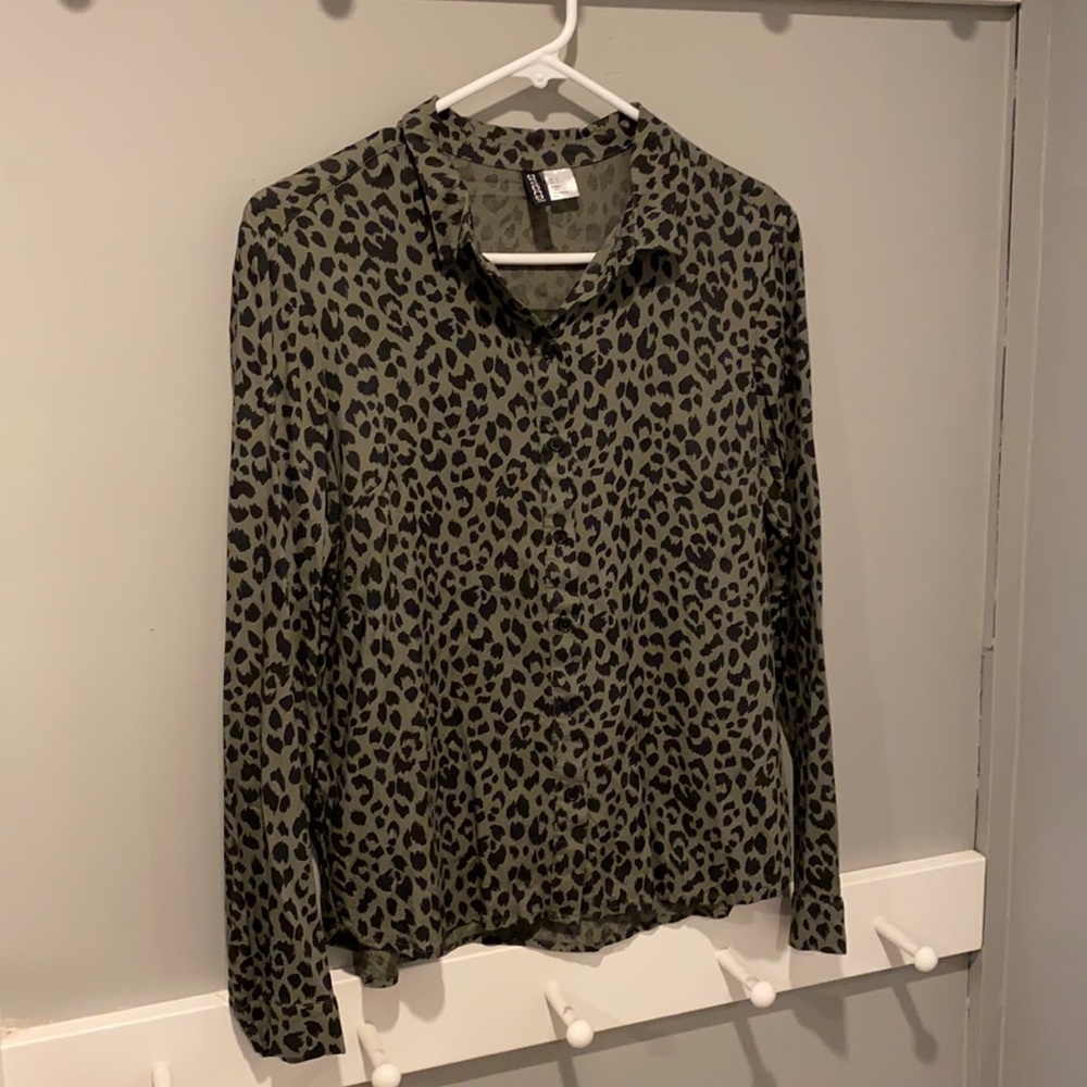 Cute army green and black leopard print blouse